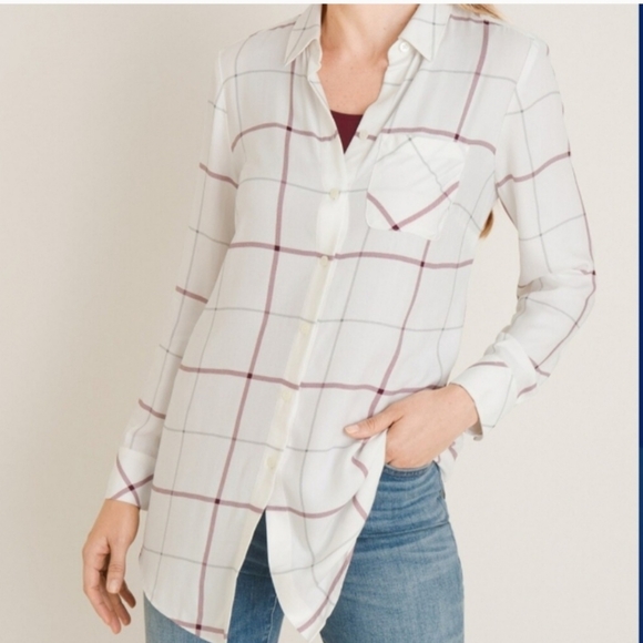 Chico's Other - Chico's Everyday Plaid Button Down Brown White Shirt Tunic Sz 1 Medium/8 TopFol